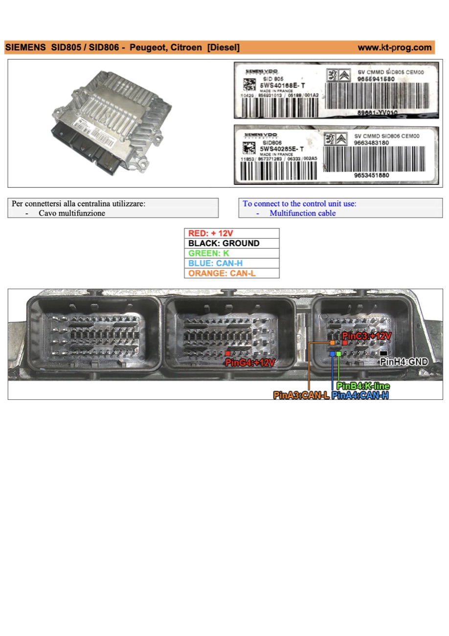Schemat złącza — SIEMENS SID805 / SID806 - PEUGEOT, CITROEN [DIESEL] · manual DFOX (PINOUT)
